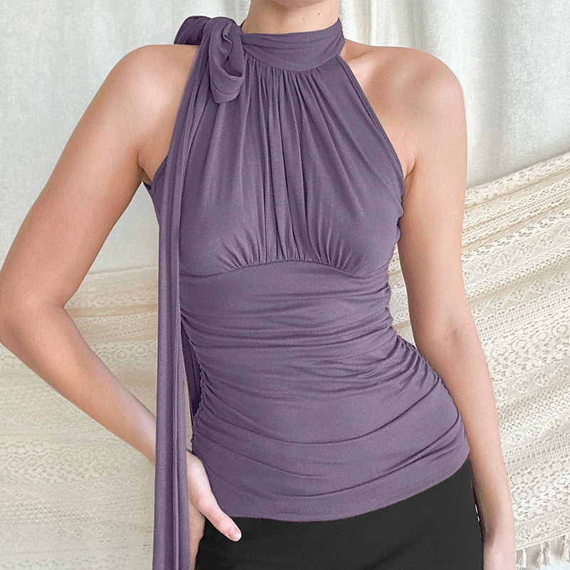 LIZAKOSHT  -  French Elegant Solid Color One-shoulder Neck Pleated Lace-up T-shirt