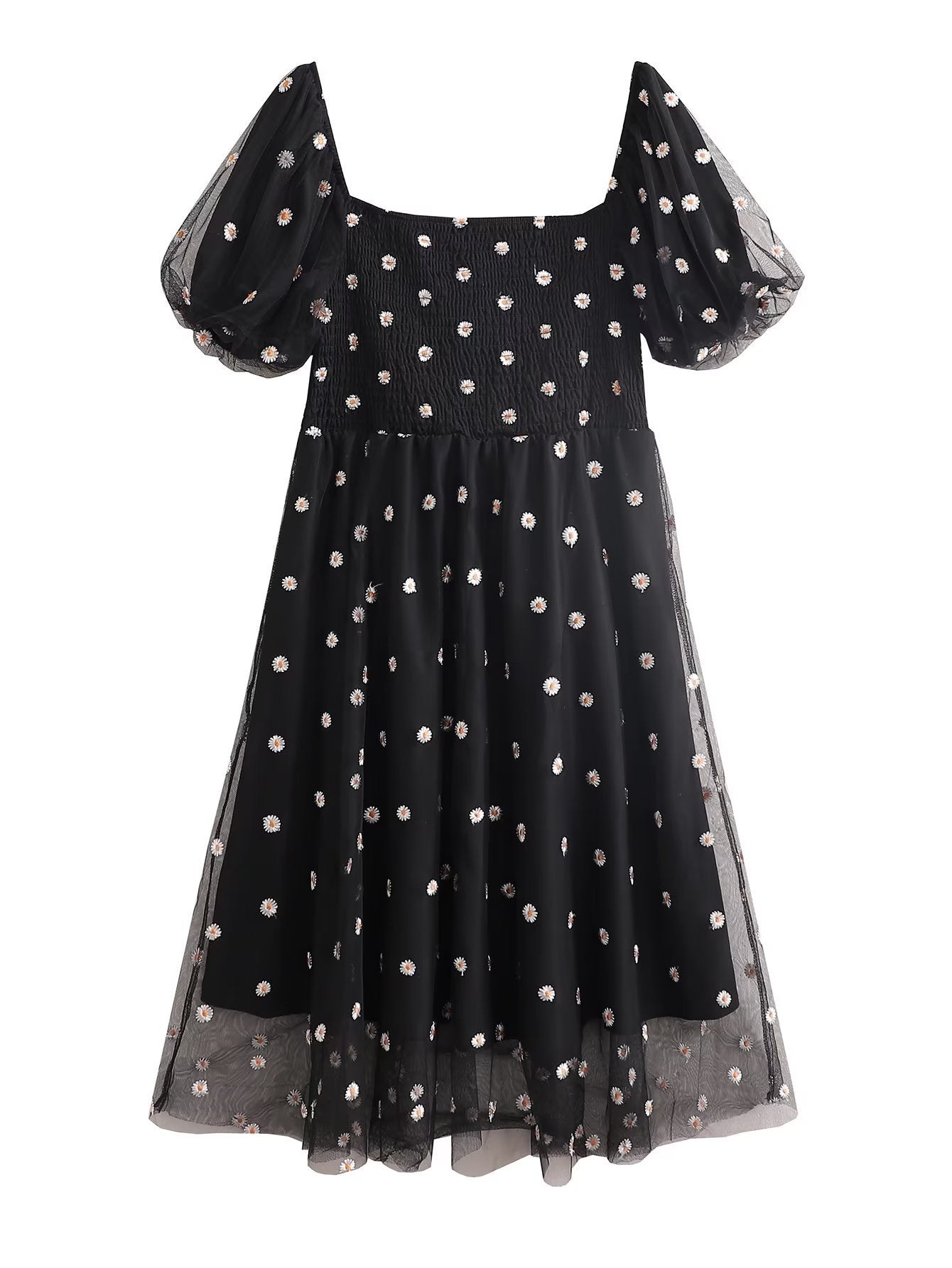 LIZAKOSHT  -  Women's Floral Embroidery Puff Sleeve Dress, Romantic Square Neck Shirred A Line Dress, Ladies Summer Clothes for Beach Vacation Holiday Wedding Guest