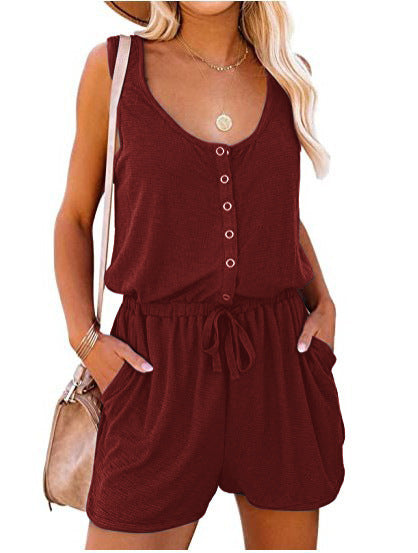 LIZAKOSHT  -  Fisoew Women's Summer Scoop Neck Sleeveless Button Down Tank Top Rompers Elastic Waist Shorts Outfits with Pockets