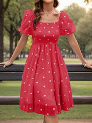 LIZAKOSHT  -  Women's Floral Embroidery Puff Sleeve Dress, Romantic Square Neck Shirred A Line Dress, Ladies Summer Clothes for Beach Vacation Holiday Wedding Guest