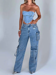 LIZAKOSHT  -  Cross-border European and American New Personalized Multi-pocket Wide-leg Overalls for Women in Autumn, Slim and Versatile Straight Jeans for Women