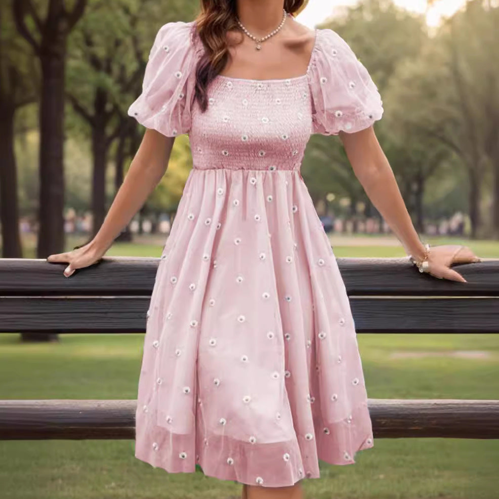 LIZAKOSHT  -  Women's Floral Embroidery Puff Sleeve Dress, Romantic Square Neck Shirred A Line Dress, Ladies Summer Clothes for Beach Vacation Holiday Wedding Guest