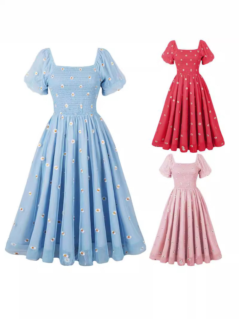 LIZAKOSHT  -  Women's Floral Embroidery Puff Sleeve Dress, Romantic Square Neck Shirred A Line Dress, Ladies Summer Clothes for Beach Vacation Holiday Wedding Guest