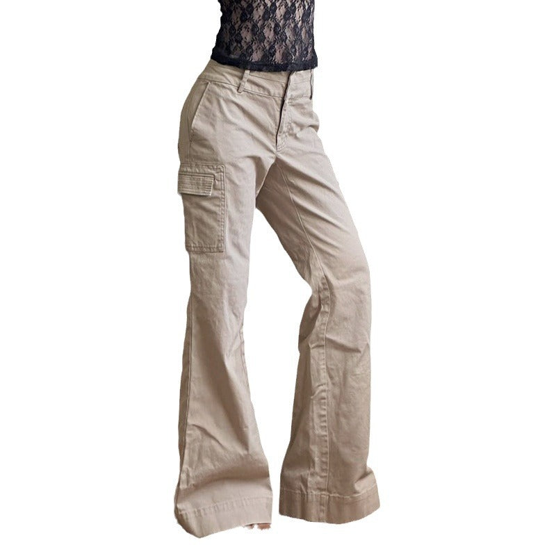 American Style Retro Pocket Low Waist Denim Flared Pants Hot Girl Personality Casual All-Match Loose Slimming Trousers