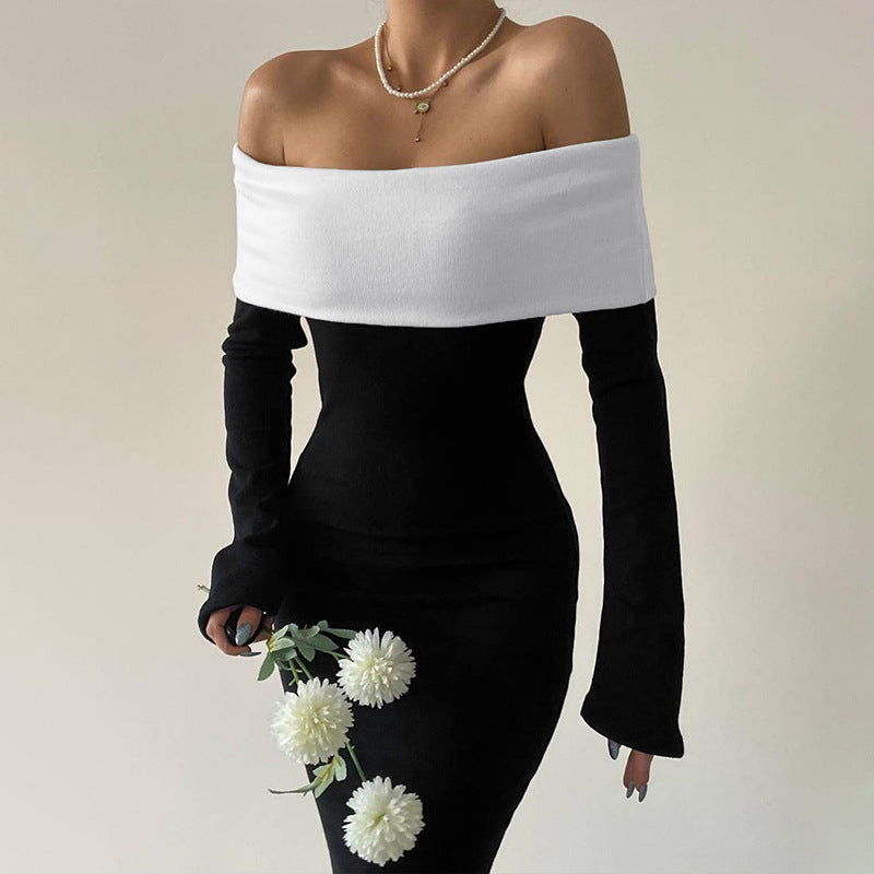 business casual outfits for women French Fashion Classic Contrast Color Laminated Chest Wrap Long Sleeve Slim-Fit Sheath Elegant Style Long Dress