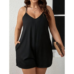 LIZAKOSHT  -  Plus Size Plain Pocket Adjustable Strap Slim-fit Cami Romper, Casual Spaghetti Strap Sleeveless Romper, Jumpsuit for Women, Summer Outfits, Women's Plus Clothing for Daily Wear