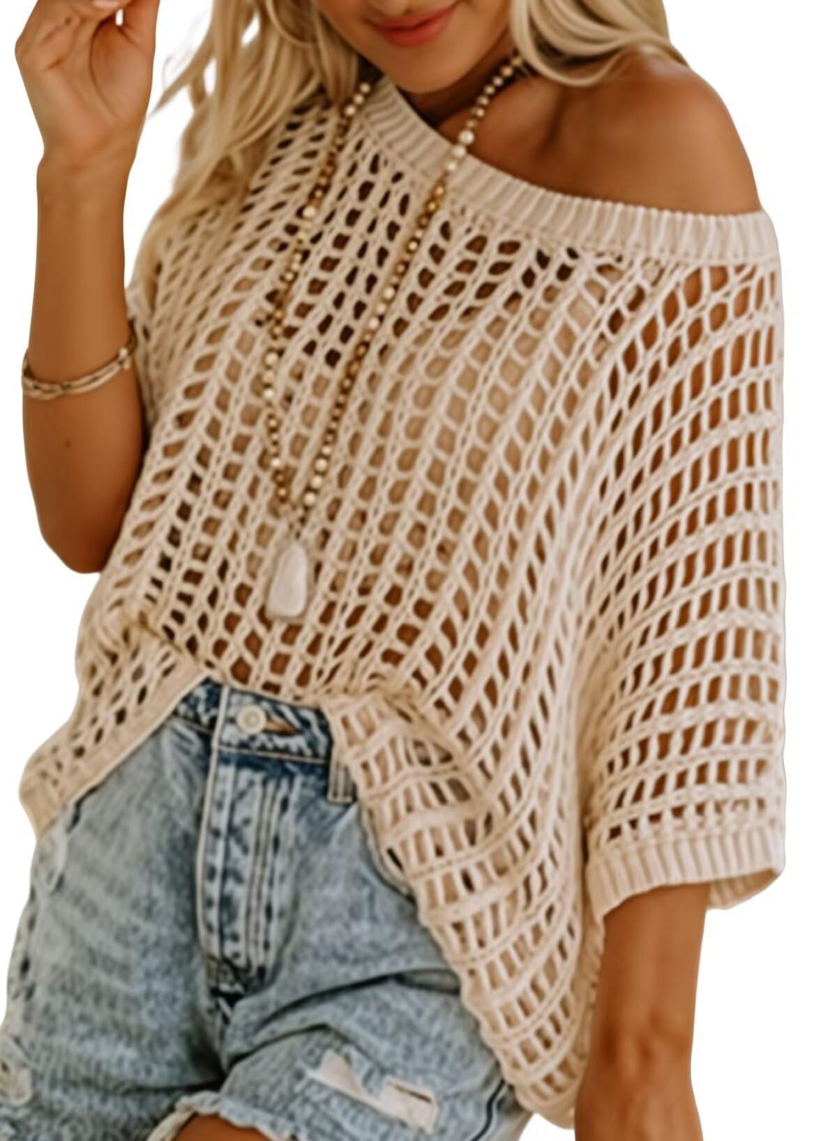 LIZAKOSHT  -  Womens Summer Scoop Neck Short Sleeve Sweater Casual Crochet Hollow Out Knit Tops Pullover Shirts Beach Coverup