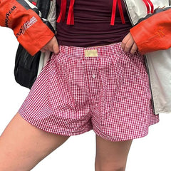 LIZAKOSHT  -  Women's Plaid Print High Waist Wide Leg Shorts, Casual Comfy Elastic Waist Shorts for Summer, Ladies Bottoms for Daily Wear