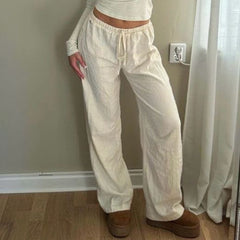 LIZAKOSHT  -  Women's Plain Textured Drawstring High Waist Straight Leg Pants, Casual Comfy Trousers for Spring & Fall, Ladies Bottoms for Daily Wear