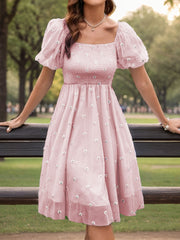 LIZAKOSHT  -  Women's Floral Embroidery Puff Sleeve Dress, Romantic Square Neck Shirred A Line Dress, Ladies Summer Clothes for Beach Vacation Holiday Wedding Guest