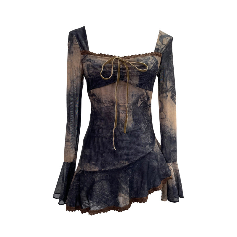 2000s fashion Spring and Summer New French Square Collar Lace-up Blooming Flared Long-Sleeved Top Lace Edge Design T-shirt