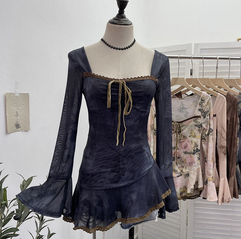 2000s fashion Spring and Summer New French Square Collar Lace-up Blooming Flared Long-Sleeved Top Lace Edge Design T-shirt