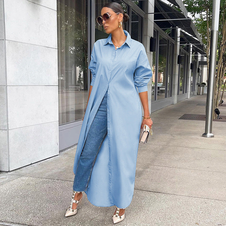 LIZAKOSHT  -  Women's Solid Collared Button Front Long Blouse, Casual Long Sleeve Button Up Shirt, Fashion Women's Spring & Fall Top For Daily Wear, Summer Outfits 2024