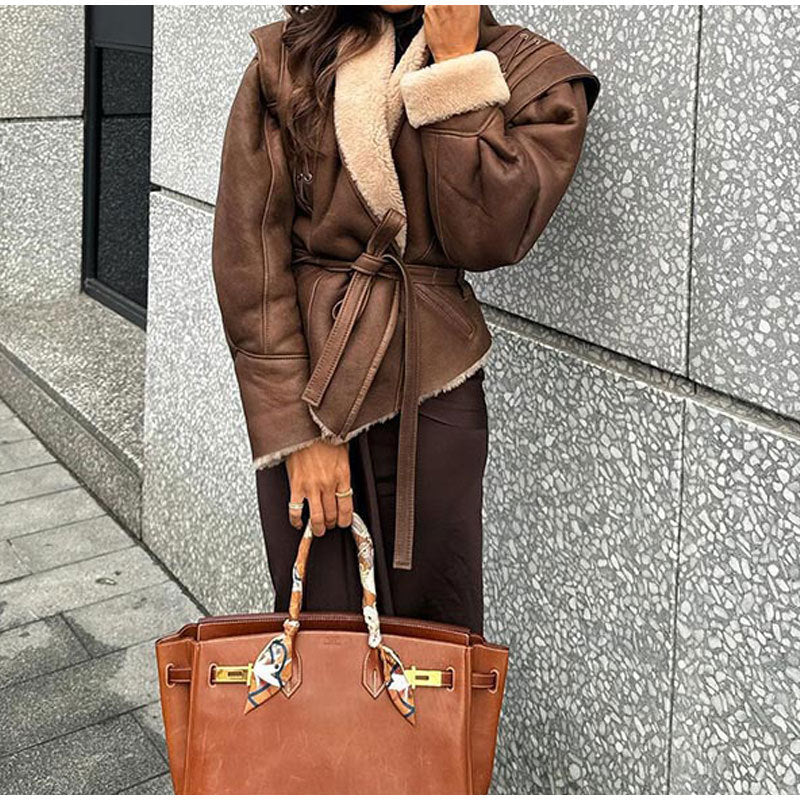 fall 2024 fashion trends Suede Leather Jacket Coat Comfortable Casual Warm Fur Integrated Thickened Overcoat Coat Cotton-Padded Coat