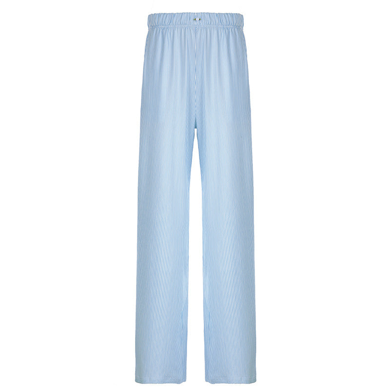 y2k Women's Striped Stitching Contrast Color High Waist Drawstring Loose Straight Woven Fashionable Casual Comfortable Trousers