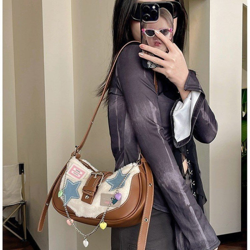 Harajuku Bag Y 2000 Xi Plush Underarm Bag Niche Five-Pointed Star Crossbody Crescent Shoulder Bag Women's Bag