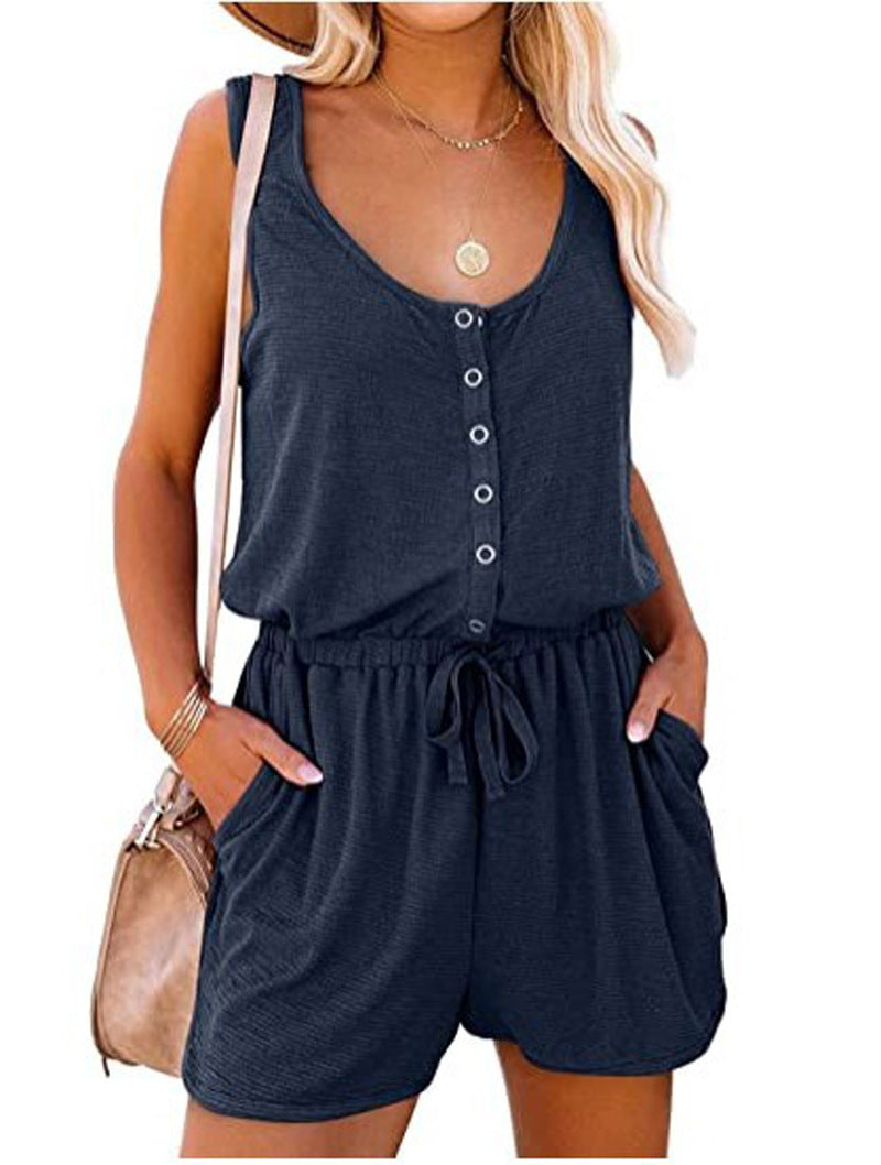 LIZAKOSHT  -  Fisoew Women's Summer Scoop Neck Sleeveless Button Down Tank Top Rompers Elastic Waist Shorts Outfits with Pockets