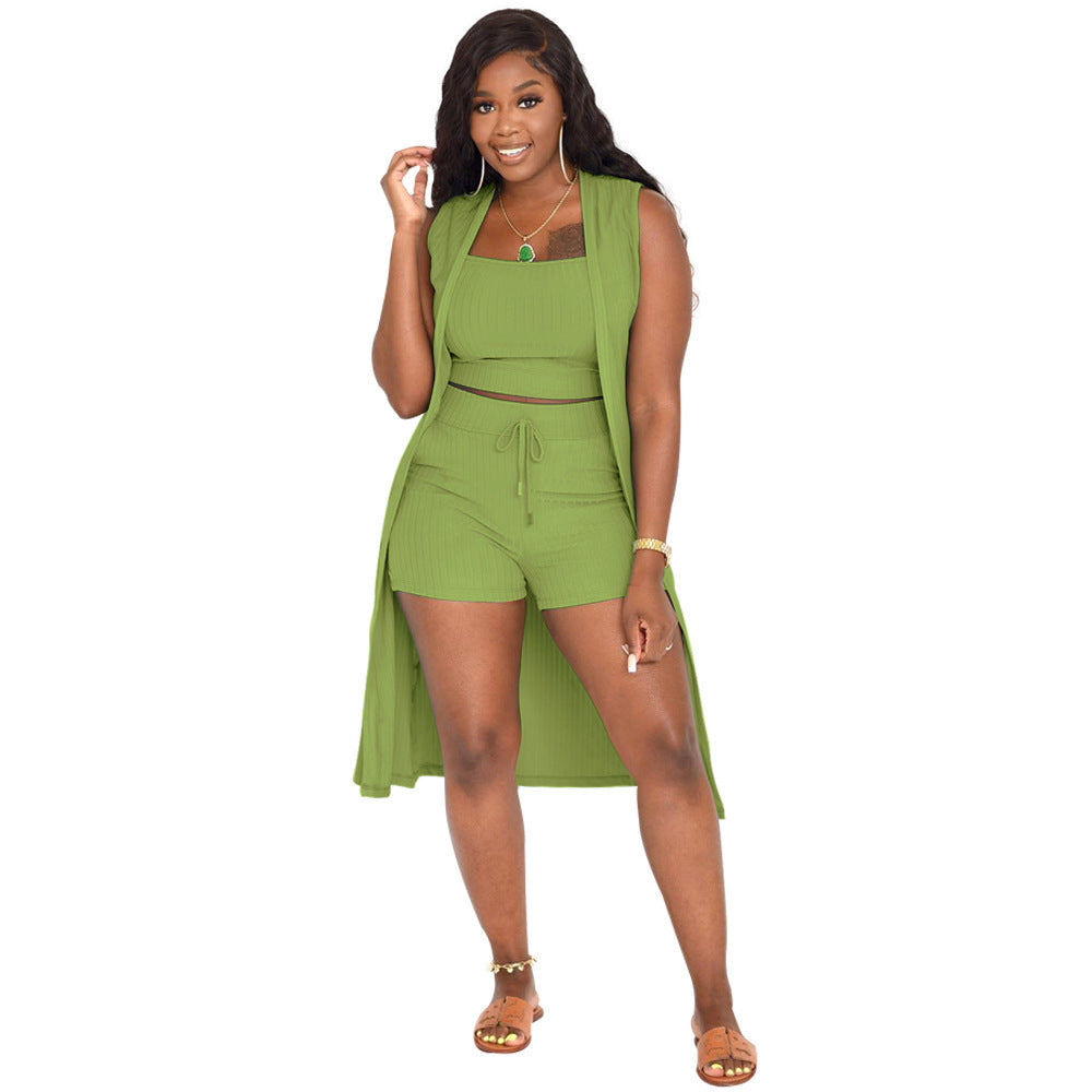 LIZAKOSHT  -  Women's Solid Ribbed Co-ord Set, Casual Crop Tank Top & Drawstring Waist Shorts & Vest Coat Set for Daily Wear, Summer Clothes, Womenswear