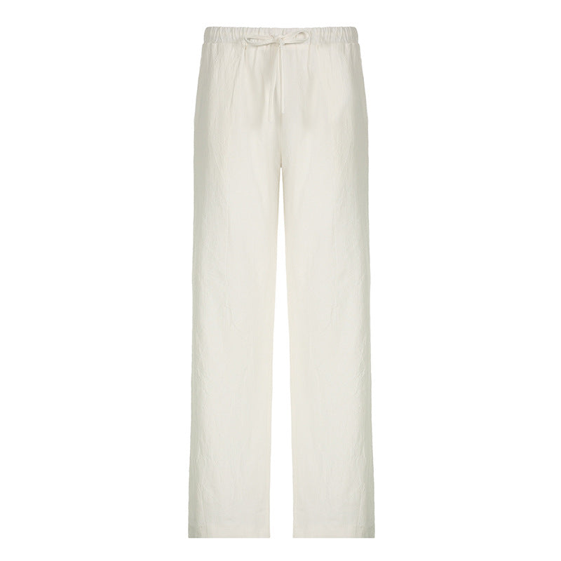 LIZAKOSHT  -  Women's Plain Textured Drawstring High Waist Straight Leg Pants, Casual Comfy Trousers for Spring & Fall, Ladies Bottoms for Daily Wear