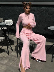LIZAKOSHT  -  Cross-border European and American Casual Fashion Knitted Suits for Women Autumn and Winter Round Neck Navel-baring Tops Flared Lace-up Trousers Two-piece Suit