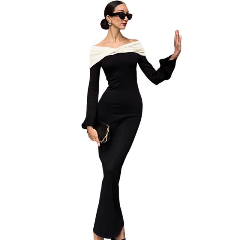 business casual outfits for women Style 2024 Autumn Fashionable Elegant Contrast Color off-Shoulder Long Sleeve High Waist Slim Fit Dress Women