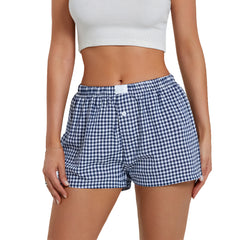 LIZAKOSHT  -  Women's Plaid Print High Waist Wide Leg Shorts, Casual Comfy Elastic Waist Shorts for Summer, Ladies Bottoms for Daily Wear