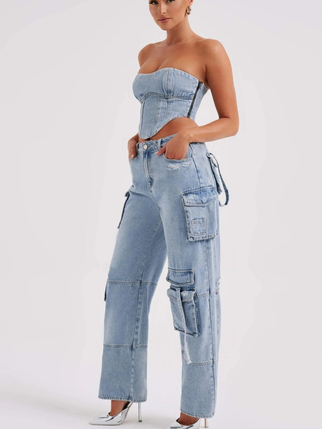 LIZAKOSHT  -  Cross-border European and American New Personalized Multi-pocket Wide-leg Overalls for Women in Autumn, Slim and Versatile Straight Jeans for Women