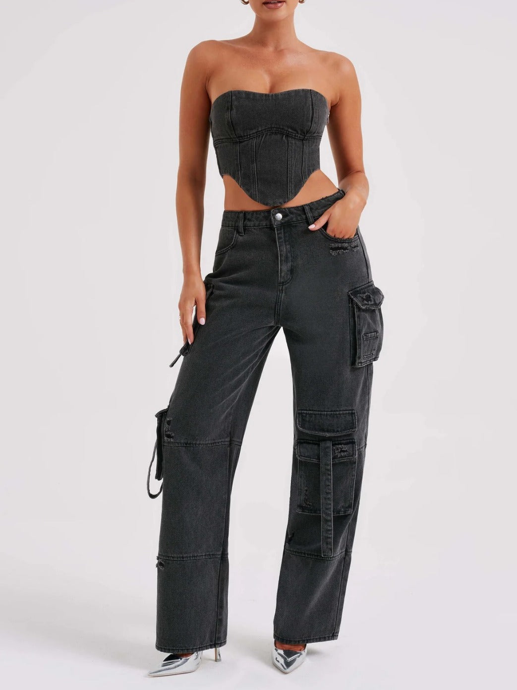 LIZAKOSHT  -  Cross-border European and American New Personalized Multi-pocket Wide-leg Overalls for Women in Autumn, Slim and Versatile Straight Jeans for Women