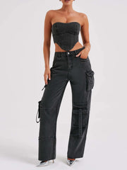 LIZAKOSHT  -  Cross-border European and American New Personalized Multi-pocket Wide-leg Overalls for Women in Autumn, Slim and Versatile Straight Jeans for Women