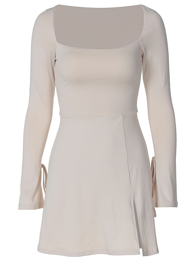 LIZAKOSHT  -  Women's Thin & Breathable Tie Side Long Sleeve Square Neck Split Mini Dress, Comfort Minimalist Bodycon Dress Womenswear Clothes, Summer Outfits 2024