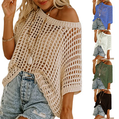 LIZAKOSHT  -  Womens Summer Scoop Neck Short Sleeve Sweater Casual Crochet Hollow Out Knit Tops Pullover Shirts Beach Coverup