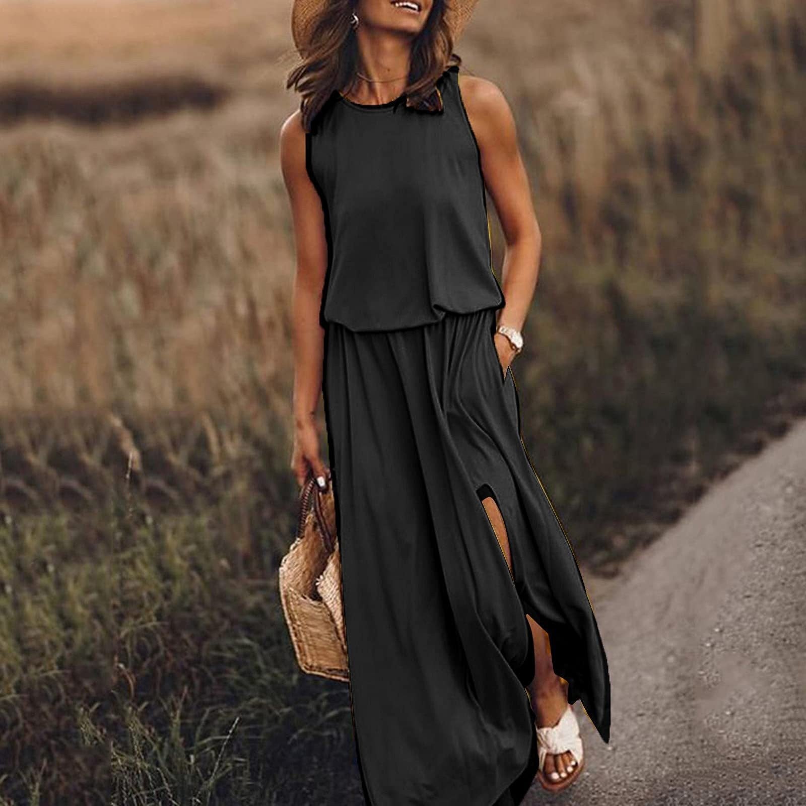 LIZAKOSHT  -  2024 Summer European and American Women's Clothing Trend Retro Round Neck Sleeveless Slit Solid Color Two-piece Dress