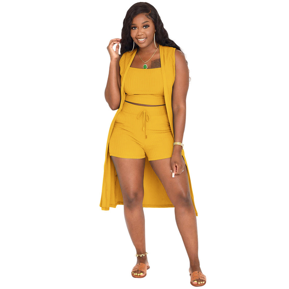 LIZAKOSHT  -  Women's Solid Ribbed Co-ord Set, Casual Crop Tank Top & Drawstring Waist Shorts & Vest Coat Set for Daily Wear, Summer Clothes, Womenswear