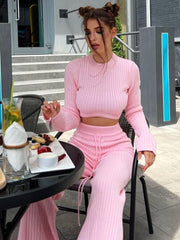 LIZAKOSHT  -  Cross-border European and American Casual Fashion Knitted Suits for Women Autumn and Winter Round Neck Navel-baring Tops Flared Lace-up Trousers Two-piece Suit