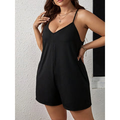 LIZAKOSHT  -  Plus Size Plain Pocket Adjustable Strap Slim-fit Cami Romper, Casual Spaghetti Strap Sleeveless Romper, Jumpsuit for Women, Summer Outfits, Women's Plus Clothing for Daily Wear