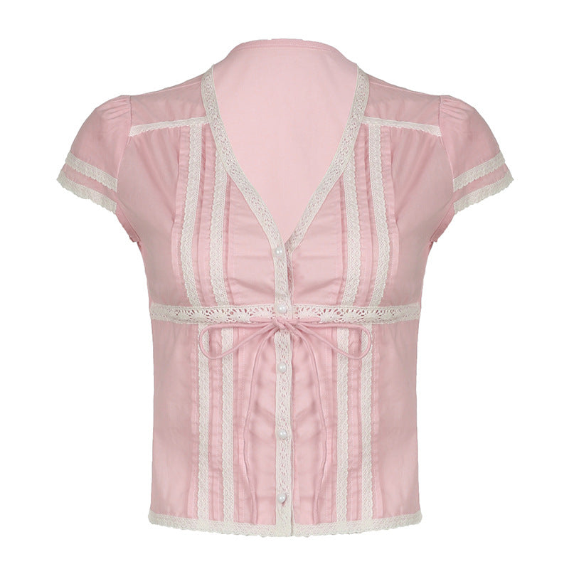 LIZAKOSHT  -  Sweet Girl Lace Patchwork Top Lace-up Cardigan Slim Fit V-Neck Navel-Exposed Short Sleeve T-Shirt