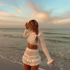 LIZAKOSHT  -  college halloween costume ideas Women's Spring and Summer Knitted Suit Break Sexy Hot Girl Long-Sleeved Short Top Hot Pants Two-Piece Set