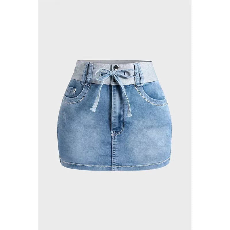 LIZAKOSHT  -  Chicme Contrast Binding Ripped Drawstring Denim Skorts
