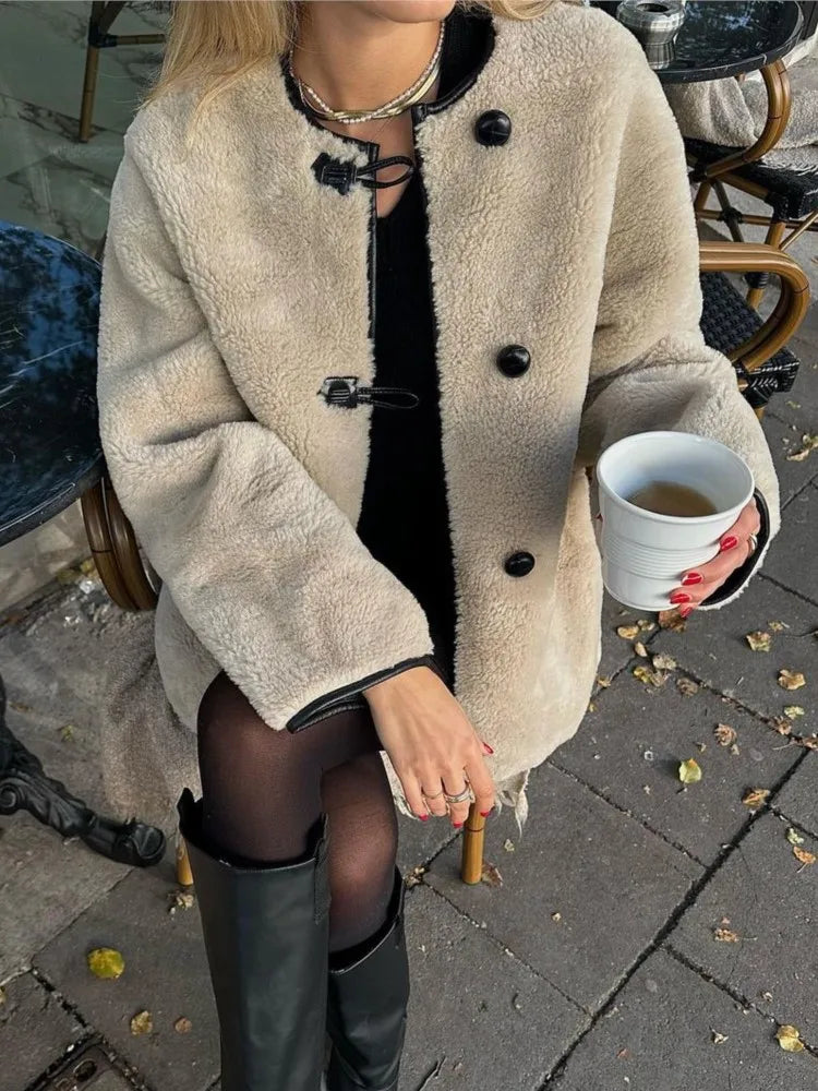 LIZAKOSHT  -  Mid Length Leather Fur One-Piece Jacket Coat Knot Buckle Lamb Faux Fur Overcoat Round Neck Women Classic Two Wear Outwear Top