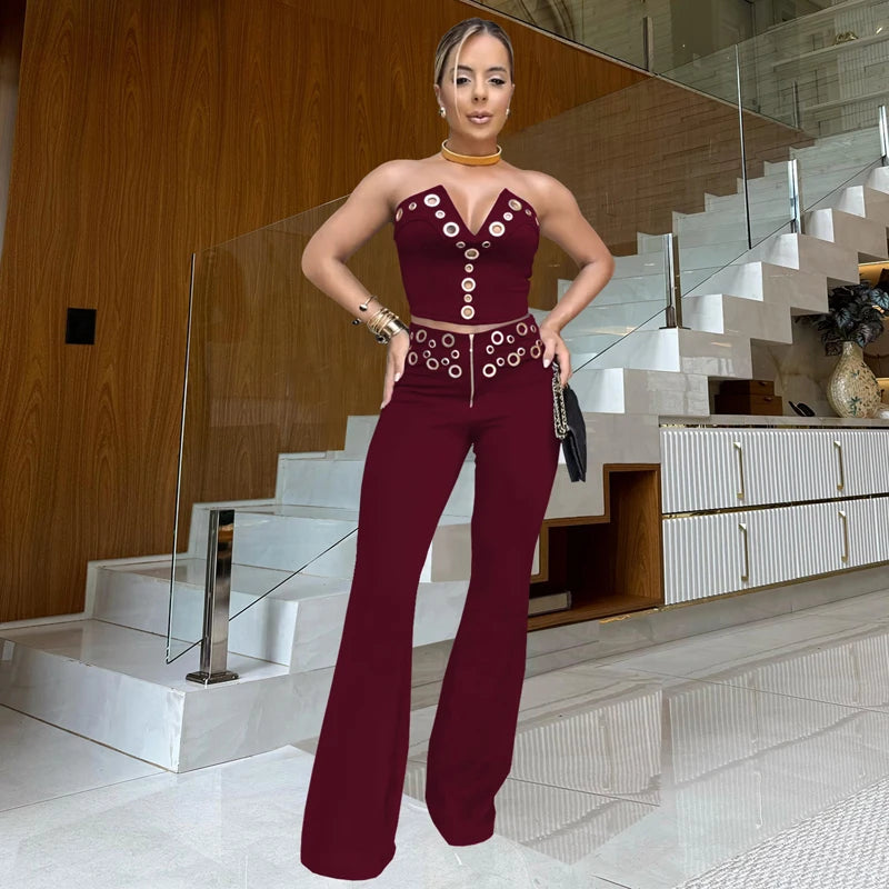 LIZAKOSHT  -  Elegant Hollow Out Patchwork Luxury 2 Piece Sets Woman Outfit Sleeveless Backless Crop Top and Pants Suit Female Party Clubwear