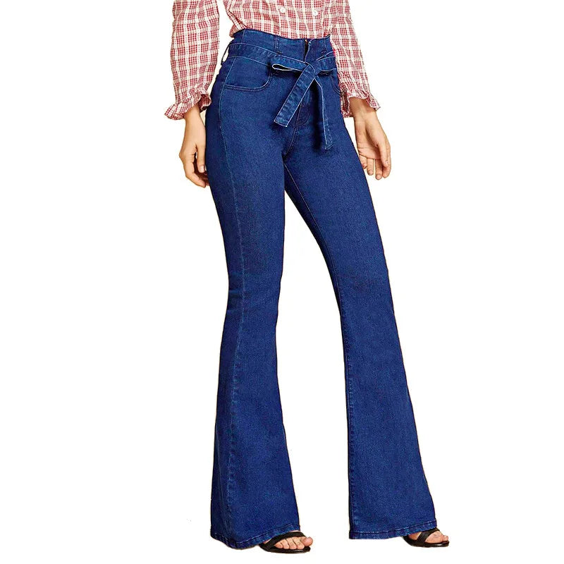 LIZAKOSHT  -  Blue Tie Waist Flare Jeans Women Slim Denim Trousers Vintage Clothes spring High  Pants Belted Stretchy Wide Leg