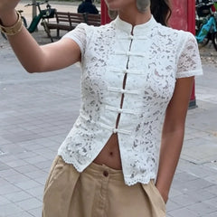 LIZAKOSHT  -  Y2k Lace Hollow Out Shirts Cardigan Women's Short Sleeve See-Through Patchwork Commute Top Female Summer Lace Blouses
