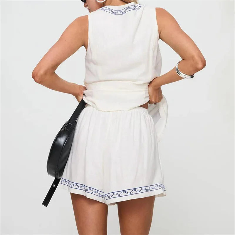 LIZAKOSHT  -  2 Piece Set y2k Clothes Women Vacation Moon Plant Print Sleeveless Tops and High Waist Shorts 2000s Beach Streetwear