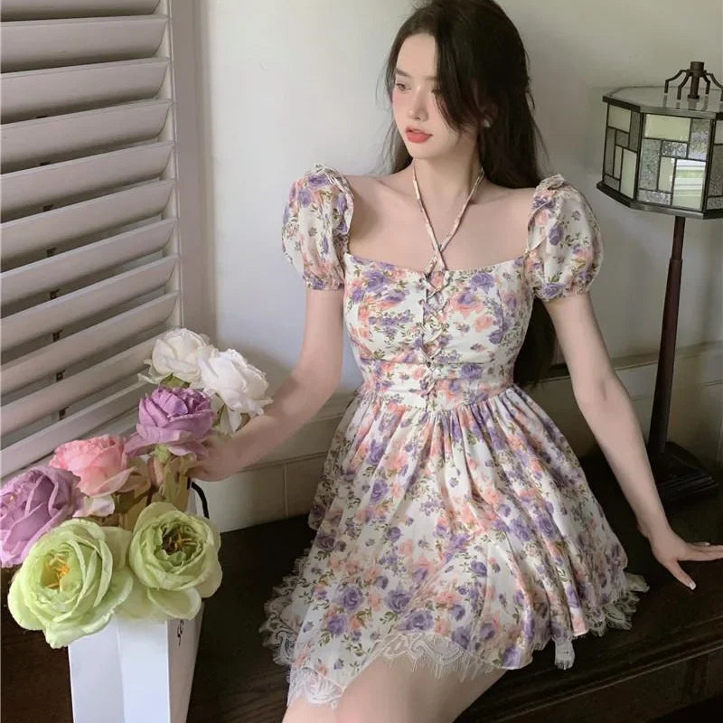 LIZAKOSHT  -  French Vintage Summer Floral Short Sleeve Square Collar One Shoulder Dress Waist Cinched Bubble Sleeve Chiffon Mini Dress