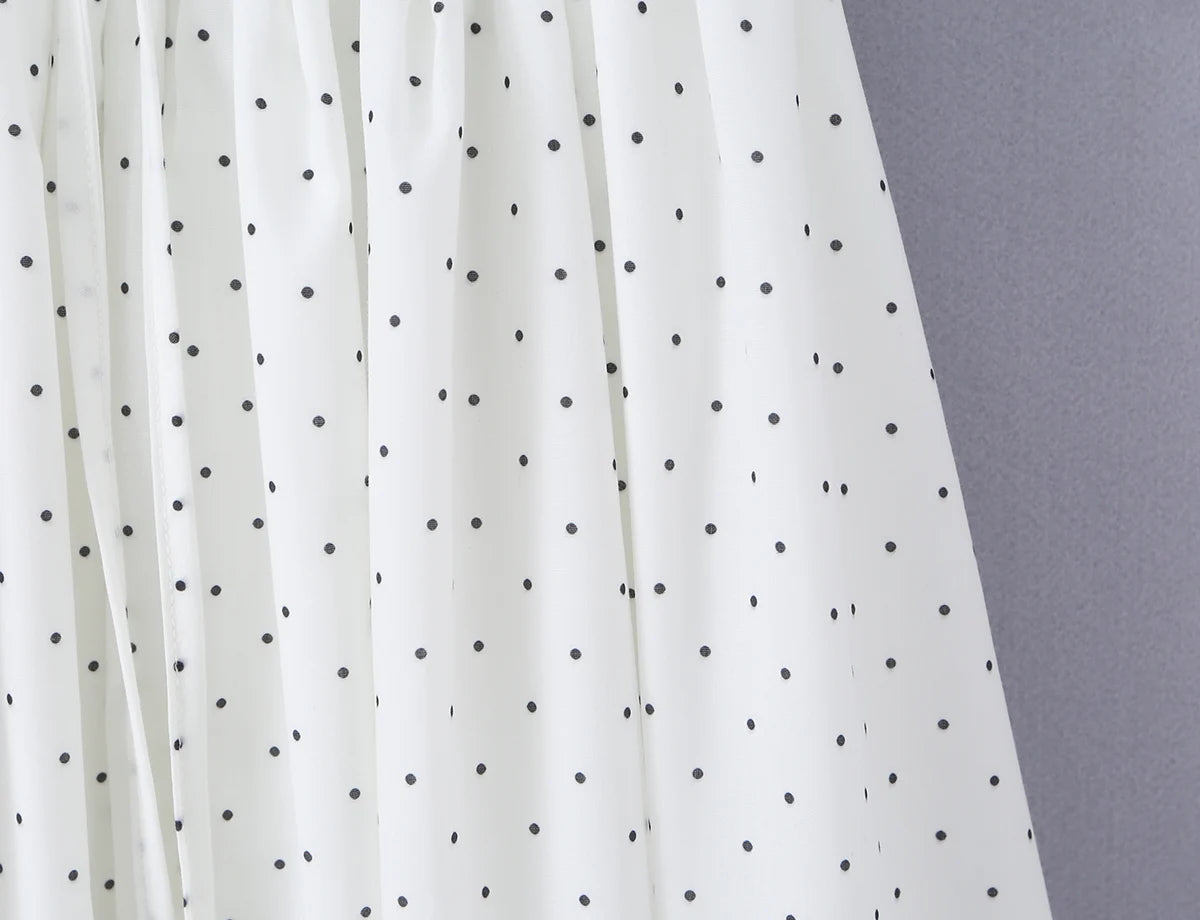 LIZAKOSHT  -  Dot Print Wood ears Ruched Chest Bow U collar Puff Sleeve Dress Elastic High Waist Pleated Swing Midi Dresses Holiday Robe