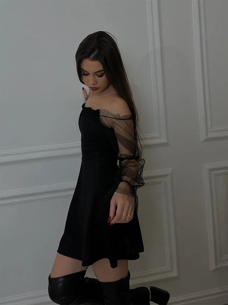 LIZAKOSHT  -  Women Black Gauze Bubble Sleeve Dress Chic Long Sleeves Strapless Off Shoulder A-line Mini Dresses Lady Evening Party Robe