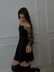 LIZAKOSHT  -  Women Black Gauze Bubble Sleeve Dress Chic Long Sleeves Strapless Off Shoulder A-line Mini Dresses Lady Evening Party Robe