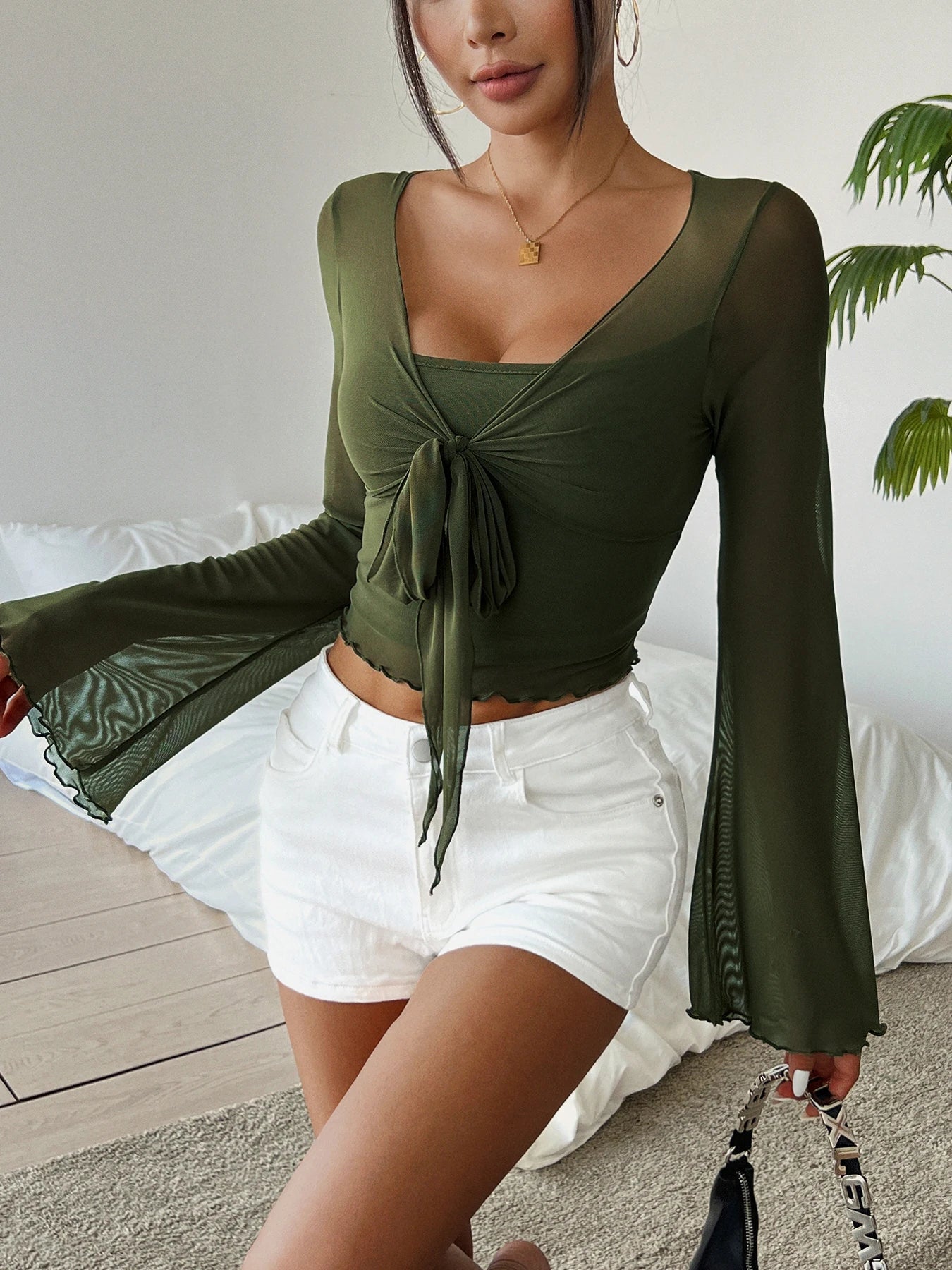 LIZAKOSHT  -  Solid Color V-neck Ruched T-Shirt Elegant Flare Sleeve Tie Front T-Shirt For Spring  Fall Women's Clothing