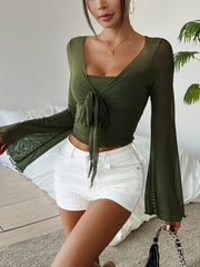 LIZAKOSHT  -  Solid Color V-neck Ruched T-Shirt Elegant Flare Sleeve Tie Front T-Shirt For Spring  Fall Women's Clothing