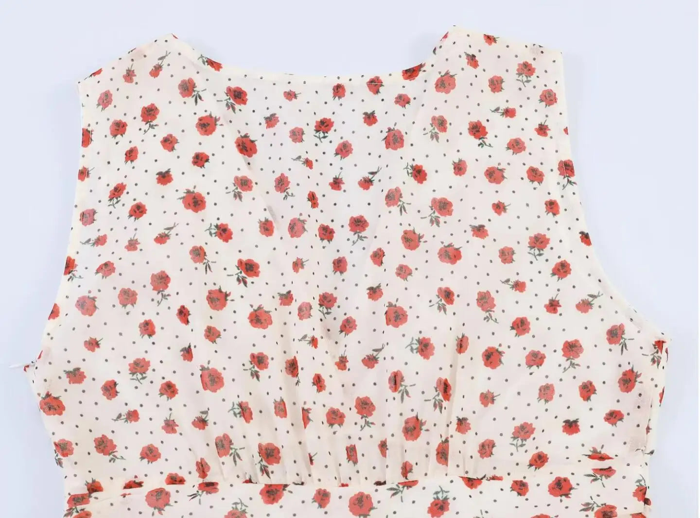LIZAKOSHT  -  Sweet Beige Floral Print Cross Deep V neck Mini Sleeveless Dress Women Slim Waist Tierred Ruffles Cake Dresses A-lined Robe